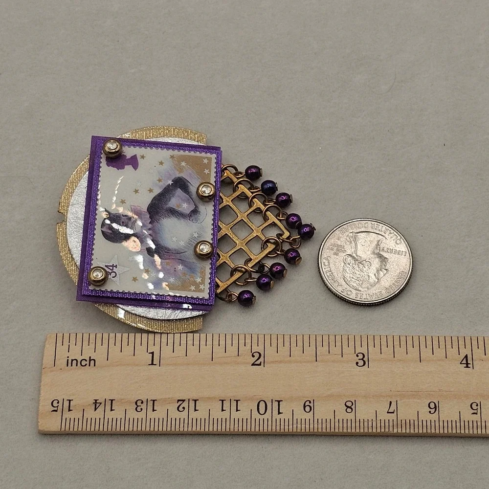 Handmade Brooch Pin Cats Stamp Whimsical Musical Purple Gold Tone Art Wear